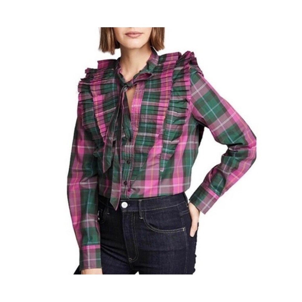 Current Elliot Purch Top Shirt Wild Aster Plaid Purple Green Plated Neck Size 0